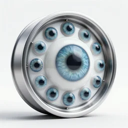 a sparking wheel within a wheel, covered in eyes, ultrarealistic