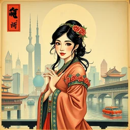 old shanghai poster, beautful girl, chinese posters, vintage poster art