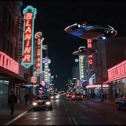 film still from bladerunner, street scene, incredible lighting at night, neon street signs, flying cars, 1 9 8 0 s science fiction, vhs texture, astonishing details, film archive, screenshot from the movie bladerunner, incredible composition and camera work
