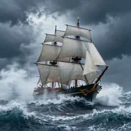 sail ship in massive storm with unfathomable waves, dramatic lighting, octane render, hyperrealistic