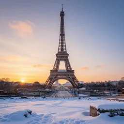 beautiful snowy landscape of paris with a majestic sunrise, art, high detail, high definition, photorealistic, hdr,