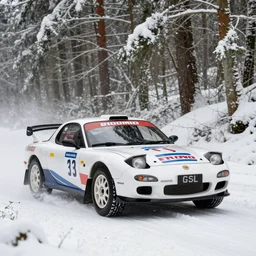 a 1 9 8 5 mazda rx - 7 gsl - se, racing through a rally stage in a snowy forest