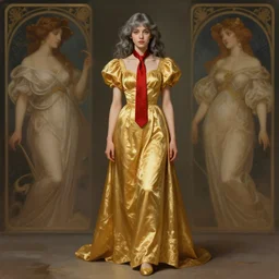 a girl wearing a golden dress, grey hair, red necktie, cinematic, stunning, highly detailed, digital painting, artstation, smooth, hard focus, full body shot, illustration, art by artgerm and greg rutkowski and alphonse mucha