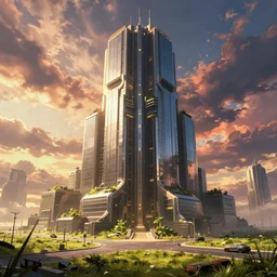cyberpunk building, lost future, empty streets, landscape, cinematic view, epic sky, detailed, concept art, low angle, high detail, warm lighting, volumetric, godrays, vivid, beautiful, trending on artstation, by jordan grimmer, huge scene, grass, art greg rutkowski
