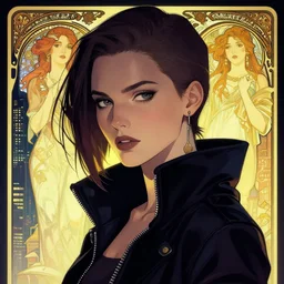 cyberpunk woman in a city, high detail, beautiful face, crisp shading, in the style of greg rutkowski and alphonse mucha and andree wallin, artstation, half body portrait