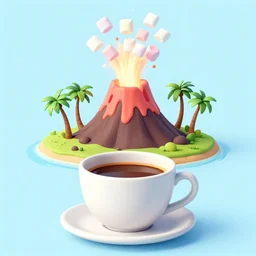 a volcano erupting marshmallows, on an island with palm trees, in a cup full of coffee