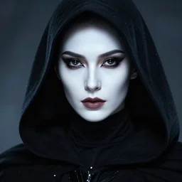 closeup portrait, beautiful woman dark lord of the sith wearing a black hooded jedi cloak, white skin, dark eyes, rim light, volumetric lighting, concept art, smooth, sharp focus, arney freytag, glamour pose, soft ambient lighting, octane, 2 8 mm,