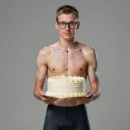 portrait of a short man wearing glasses & cycling shorts holding a birthday cake, elegant, real life skin, intricate, high detailed, artstation, concept art, smooth, sharp focus, art by artgerm and greg rutkowski