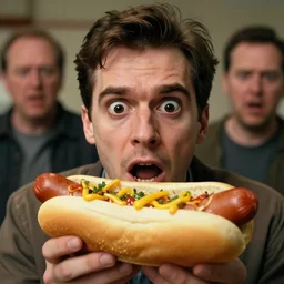 hot dog headed man with hard black eyes very scared, rule of thirds, super sharp, 4 k, ultra detailed, norman rockwell, richard corben, epic scope.