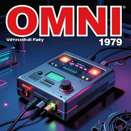 1979 OMNI Magazine Cover of a handheld retro electronic product with lights and cables neo-Tokyo in cyberpunk style by Vincent Di Fate
