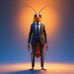 full body shot of a thin anthropomorphic cockroach wearing a suit with a tie, best of artstation, backlighting, orange lights, blue shadows, 8k, hyper detail illustration, symmetrical, correct proportions