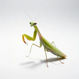 curious praying mantis, studio photography, full body, isolated on a pure white background, centered, entire subject in frame, sharp focus, soft studio lighting
