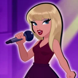 taylor swift as a hero similar to seraphine from league of legends with a microphone in her hand as her weapon drawn in a 2 0 0 0 s cartoon on a saturday morning style, high quality, very well proportioned silhouette, contemporary art, taylor swift face