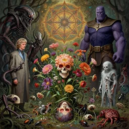 the platonic ideal of flowers, rotting, insects and praying of cletus kasady carnage thanos dementor wild hunt chtulu mandala fritz the cat doctor manhattan bioshock xenomorph silent hill, ego death, decay, dmt, psilocybin, concept art by randy vargas and zdzisław beksinski