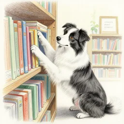A colored-pencil drawing of a border-collie anthro librarian sorting books into their shelves, by Wayne Reynolds and Charles Monet
