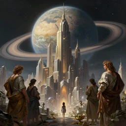 an extremely detailed low angle masterpiece epic color scene of a futuristic city on an earth like planet with a ringed planet background, a tiny girl looking on, in the style of frank kelly freas, giorgio vasari, andrea pozzo, elegant, highly detailed, digital painting, artstation, cinematic lighting, extremely moody lighting, glowing light and shadow, 8 k