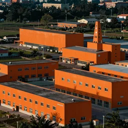 Taiwan various bright orange factory buildings exterior, in the countryside of Taiwan