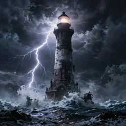 star wars concept art by greg rutkowski, a brutalist giant tower in the shape of a lighthouse in the middle of a raging and stormy ocean, lightning storm and gale force winds, dark environment, dramatic atmosphere, artstation hq.
