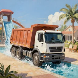 classic oil painting, a dump truck going down a waterslide, as a dnd character, sunny suburban waterpark, constructioncore, highly detailed, digital illustration, concept art, smooth, sharp focus, art by greg hildebrandt, and tim hildebrandt