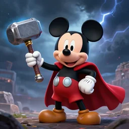 Mickey Mouse is Thor, holding a hammer in the hand, Mjolnir, thunderstorm in the background, cape, artstation, 8k