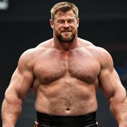chris hemsworth as a big burly padded strongman, dad energy, hairy torso, 4 k hd