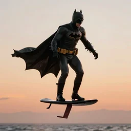 batman riding an efoil during the sunset