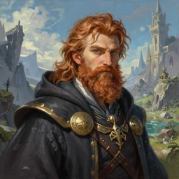A comic book style portrait painting of a wizard with a beard in a stunning fantasy landscape, unreal 5, DAZ, hyperrealistic, octane render, RPG portrait, dynamic lighting