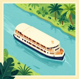 isometric aerial view of the jungle cruise riverboat in a river, poster art, concept art, colorful, 2 d, flat style, nautical navigation map, 8 k resolution, minimalist modern art photo illustration ink drawing woodcut retro