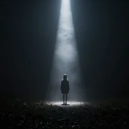 lights shining through dark fog, emptiness, lonely female figure standing small, spooky found footage