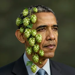 portrait of barack obama made from blooming hop flower, his face is made from hop, detailed plant portrait, ambient light