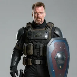 Walter White wearing heavy modern military gear and holding a bulletproof shield, highly detailed, 8k octane render