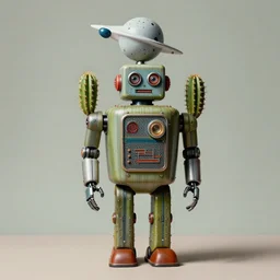 body shot of 1950s retro cactus robot, with space above the head. Bionic Arms and eyes. pop surrealism, muted colours. by Jean-Baptiste Monge, wide shot