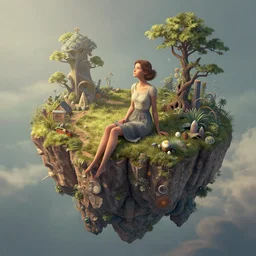 ilustration of a woman sitting on the cliff of a floating island, whimsical, detailed, volumetric lights, intricate details, raytracing, great complexity, trending on artstation by james c christensen and mandy jurgens