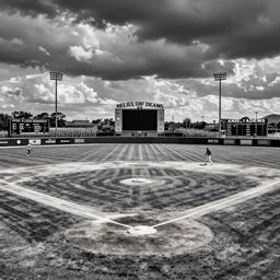 a photograph of baseball's field of dreams, scoreboard in the cornfield, in the styles of phil alden robinson, mike mandel, and ansel!!! adams!!!. intricate, hyperrealistic, monochrome hdr, accurate