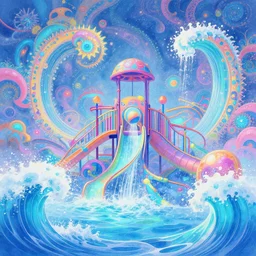 fluorescent soft pleasing - playground funhouse waterpark roaring waves, fractal intricate, dense loops, spotless, shining environment matte painting from fantasia pastel from fantasia ( 1 9 4 1 )