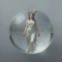 by Tom Bagshaw, ultra realist soft painting of a centered floating transparent glass sphere facing  beautiful horned female in long curvy dress, reflection and refraction, symmetry accurate features, very intricate details, deep fog, artstation