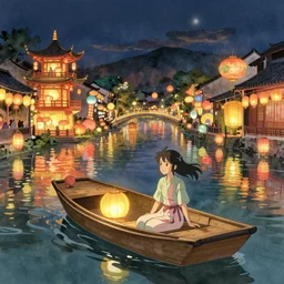 gorgeous river lantern festival photo, a beautiful girl is sitting on the boat, chinese watercolor style, trending on artstation, global illumination, radiant light, night lighting, fantasy art by makoto shinkai, highly detailed and intricate environment, 8 k