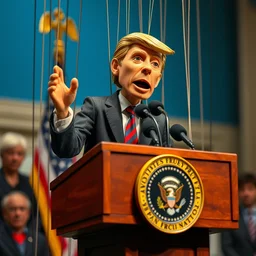 president marionette with puppeteer in a podium giving a press conference