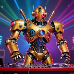 portrait photo of a giant huge golden and blue metal humanoid steampunk robot dj with multicolored big gears and tubes, a red dj booth, eyes are glowing red lightbulbs, shiny crisp finish, 3 d render, 8 k, insaneley detailed, fluorescent colors, background is multicolored lasershow