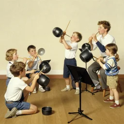 A kid hitting pots in a mini concert with his friends, art by Norman Rockwell
