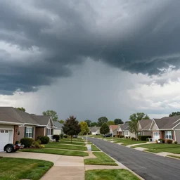 acid falling from storm clouds, suburban neighborhood