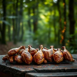 5 5 mm photo of a pile of freshly grilled chicken on a wooden table in a magical forest. dof. bokeh. magical atmosphere. art by greg rutkowski. highly detailed 8 k. intricate. lifelike. soft light. nikon d 8 5 0.