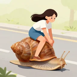 a girl riding a big snail on the street in a snail race, art by stevan dohanos
