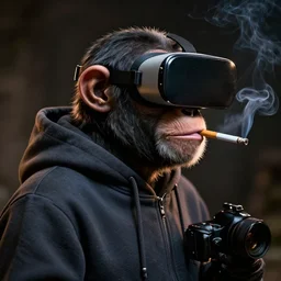a portrait of a chimpanzee wearing a hoodie, and wearing vr googles, smoking a cigarette, hyper realistic, rear lighting, rendered wtih zbrush, ultra - hd, 2 2 megapixels, night light, shot with 7 0 mm dslr camera