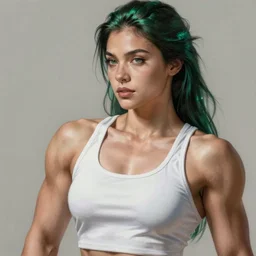a beautiful female bodybuilder wearing a white tank top. highly detailed portrait, digital painting, sharp focus illustration, artstation hq. intricate, elegant. art by james jean, green iridescent