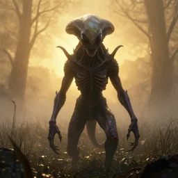 unknown menacing nightmarish hellish alien creature, staring you down, moor field, fog, rain, volumetric lighting, beautiful, golden hour, sharp focus, ultra detailed, cgsociety