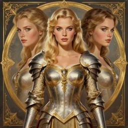 front facing symmetrical centered portrait, Imogen Poots as a Paladin, blonde hair, beautiful retro Fantasy heroine 1985, movie poster, intricate, elegant, highly detailed, centered, digital painting, trending on artstation, concept art, smooth, sharp focus, illustration, art by raphael lacoste, eddie mendoza, alex ross, WLOP