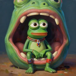 pepe symmetrical portrait of Heitsi Eibib, the pepe god of the Khoisan tribe. He sits in the mouth of an enormous pepe. Award winning surrealist portrait Painting by alex gray and android jones , Karol Bak, Ayami Kojima, Amano , concept art, character design, fantasy,3D, 8k resolution