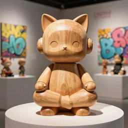 8 k octan, advertising, highly detailed, photo, a totally wooden figurine collectible art toys wooden on feet, very cute fat cyborg meditation zen with cat ears, cyberpunk, graffiti ratio, design, showroom dealership indoor display convention exhibition a contemporary art gallery masterpiece - a k _ heun