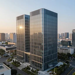 wide aerial view, a beautiful office building exterior with sleek modern design by Gensler and large windows, golden hour - W 768